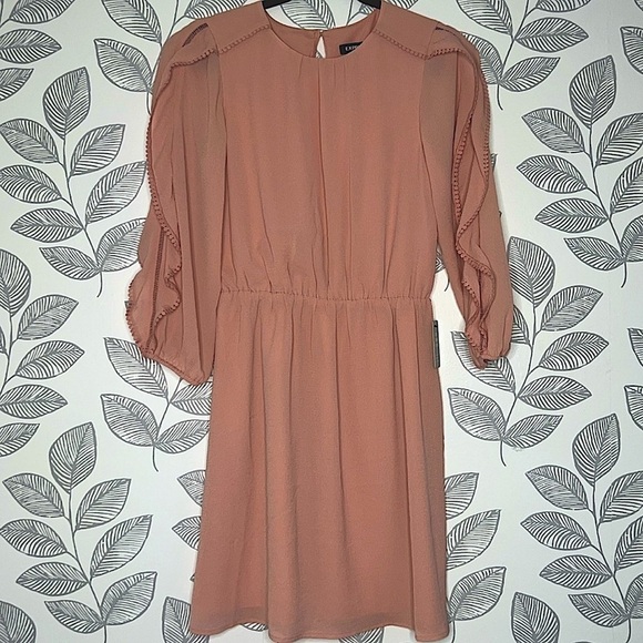 Express Chiffon Dress S Blush Pink NWT Ruffles Boho Flutter Sleeves Fitted Waist - Picture 1 of 10